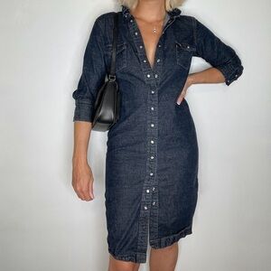 💫 Denim Dark Wash Long Sleeve Shirt Snap Button Down Midi Jean Dress